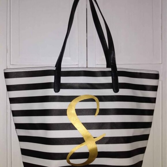 Handbags - X-Large Black & White Stripped Tote with S
